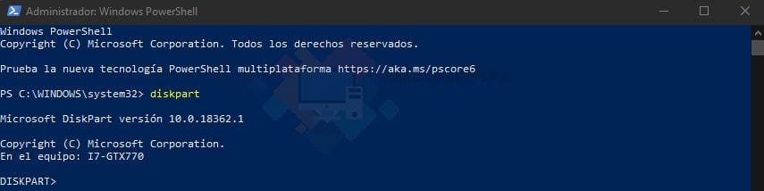 diskpart powershell activo