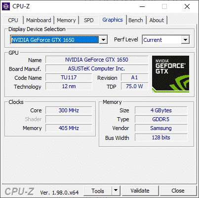 Captura de CPU-Z mostrando el apartado gráfico de un sistema