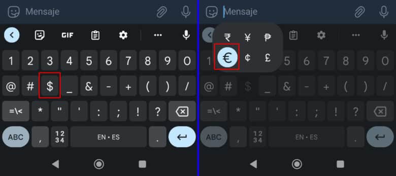 simbolo euro teclado americano android